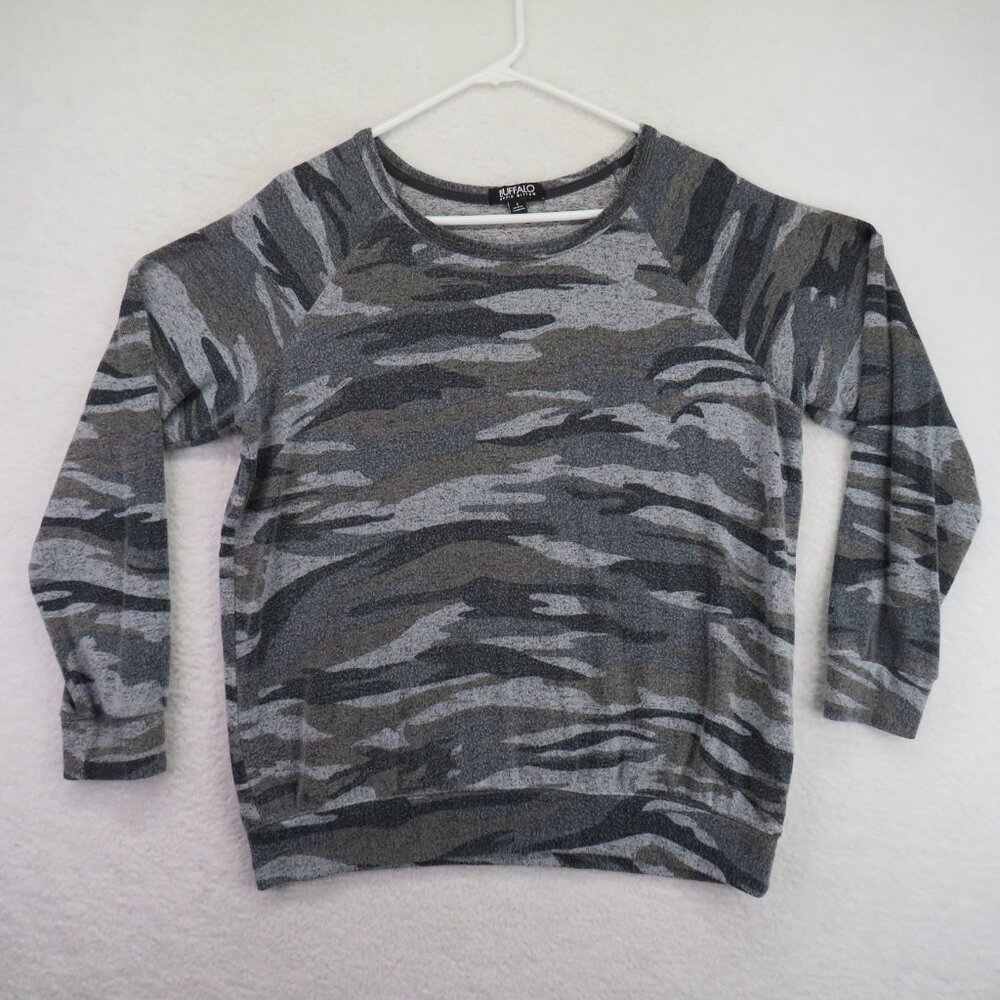 Buffalo David Bitton Sweater Women Large Gray Camo Pullover Crewneck Raglan Soft